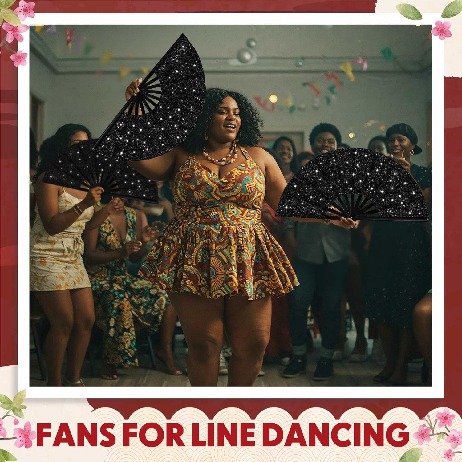 Leinuosen 10 Pcs 13 Inch Large Folding Fans for Line Dancing, Loud Popping Clacking Hand Fans for Women Retro Disco Dance, Square Dance Performance Supplies, Summer Party Favor for Outdoor (Black)