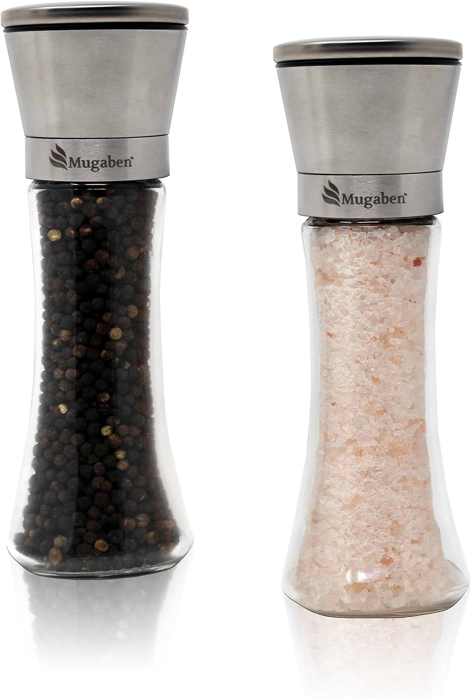 Set of 2 Modern Salt and Pepper Grinder Set (6-oz Capacity) โ Made of Stylish, Brushed Stainless Steel โ 5-Grade Adjustable Ceramic Grinder Rotors from Fine, Medium to Coarse โ by Mugaben