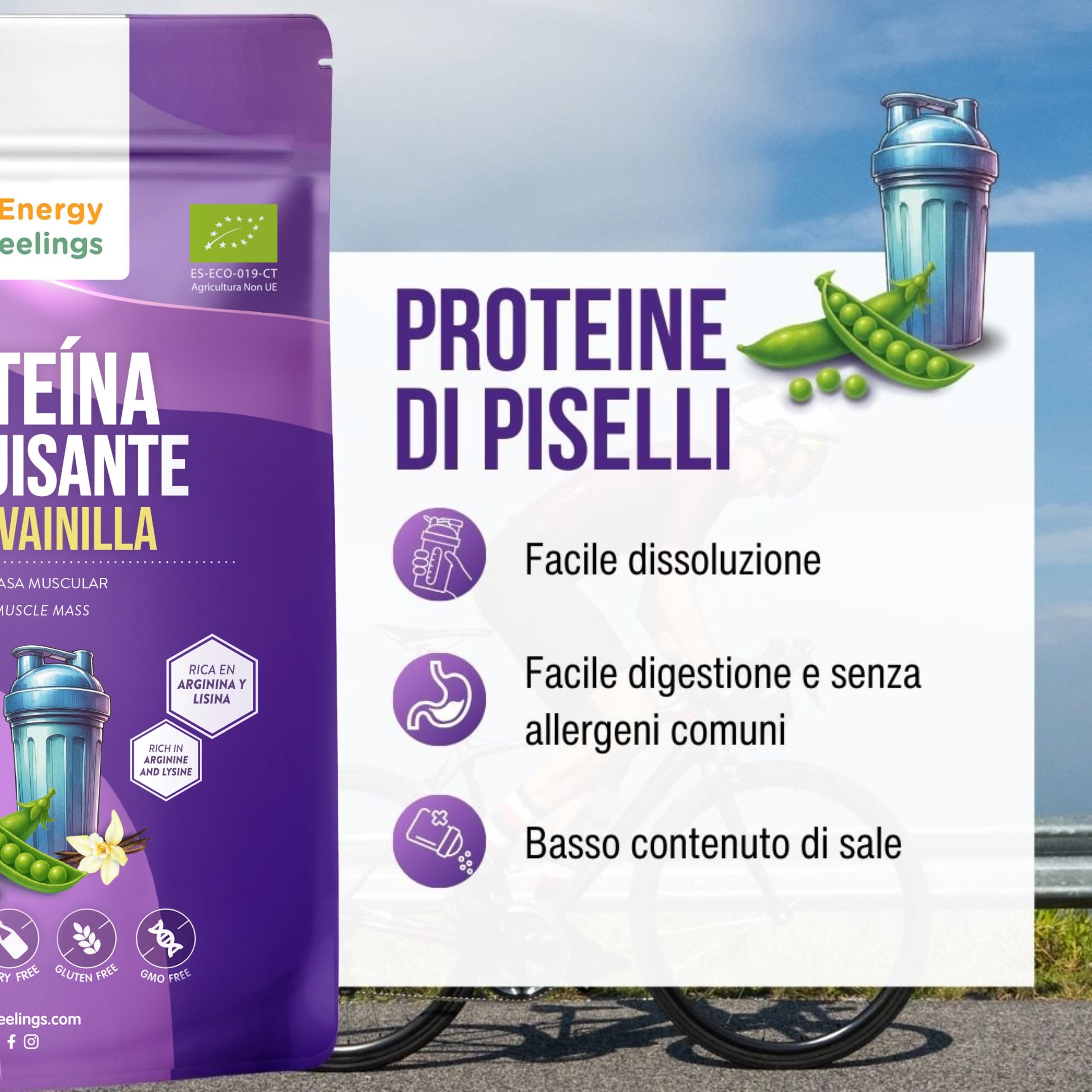 F Energy Feelings Proteine di Piselli al Gusto di Vaniglia in Polvere BIO 1 Kg / 81% Proteine Vegetali / Proteine Vegane Massa Muscolare e Dimagrire / Senza Zuccheri Aggiunti, Lattosio né Glutine