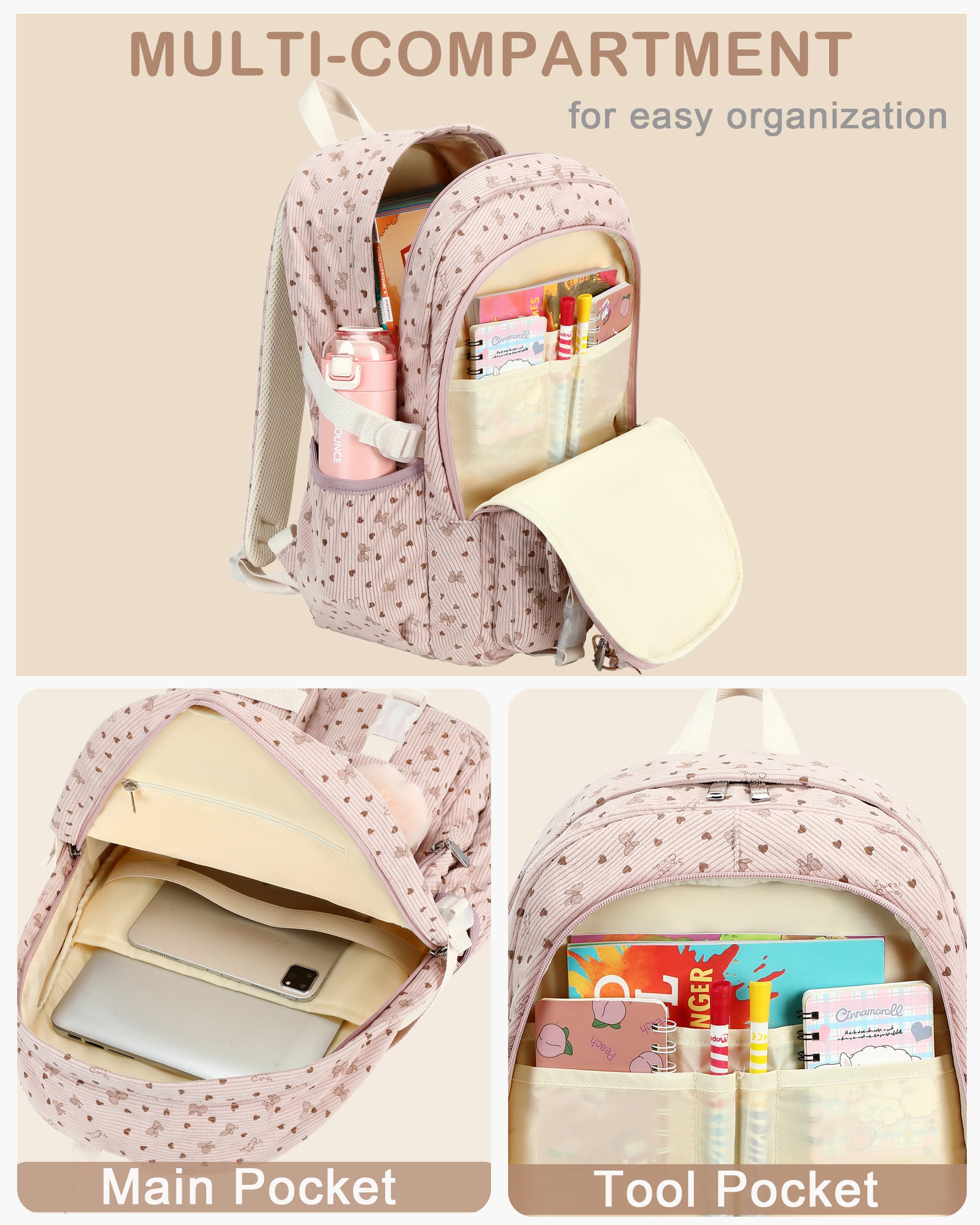 Hidds Schulrucksack mit Lunchbox, Laptop-College-Rucksäcke, Cord, Studenten, Büchertasche mit Lunchtasche für Teenager, Mädchen, Frauen