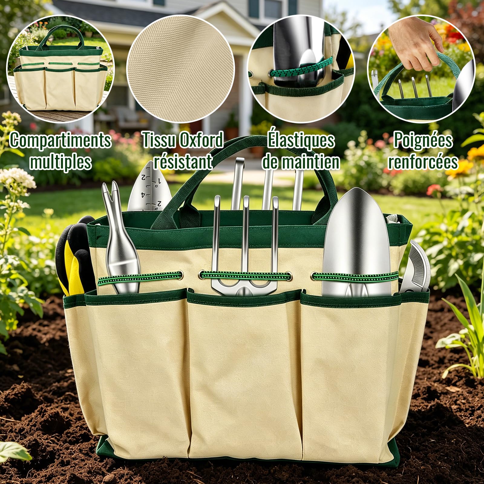 Kit Outils de Jardinage 8 Pièces, Sécateur et Truelle en INOX | Manche Antidérapant, Sac de Rangement, Gants, Râteaux et Désherbeur pour Plantation, Entretien de Fleur et Potager