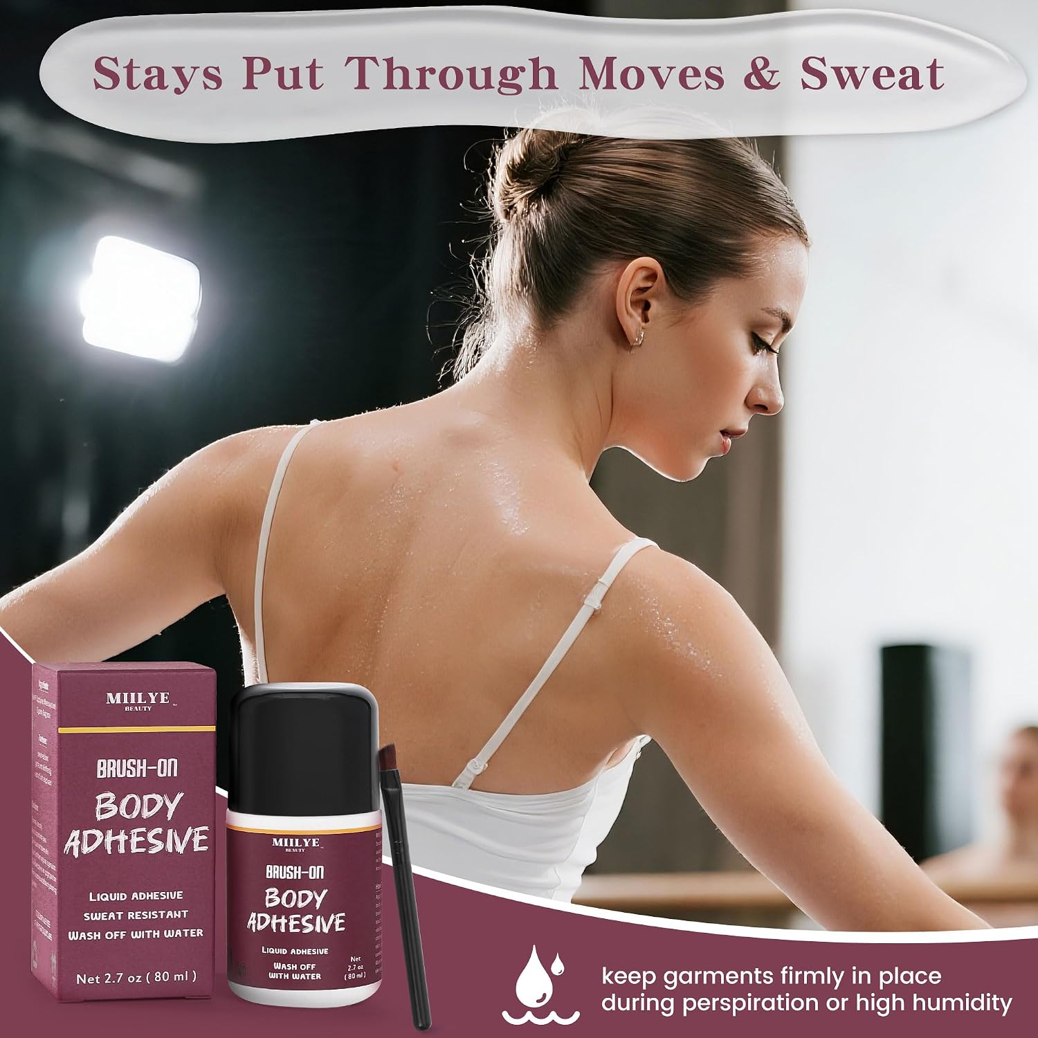Body Adhesive for Clothes and Dancers - 80ml, Sweat Proof, Strong Hold Skin Glue for Socks, Stockings, Leotards, Bras, Wigs, Costumes and Clothing