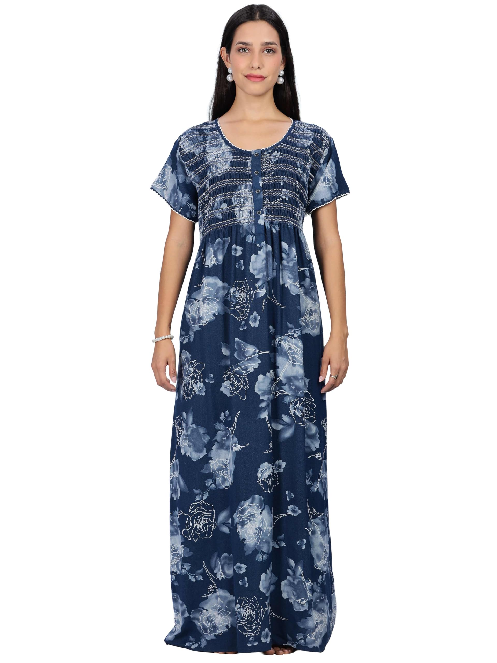 Stylish Alpine Nighty Maxi for Women | Full Length Trendy Nightgown | Premium Nightdress | Nightwear | All Over Print Smocking Nighty with Pockets (2777)-image-43