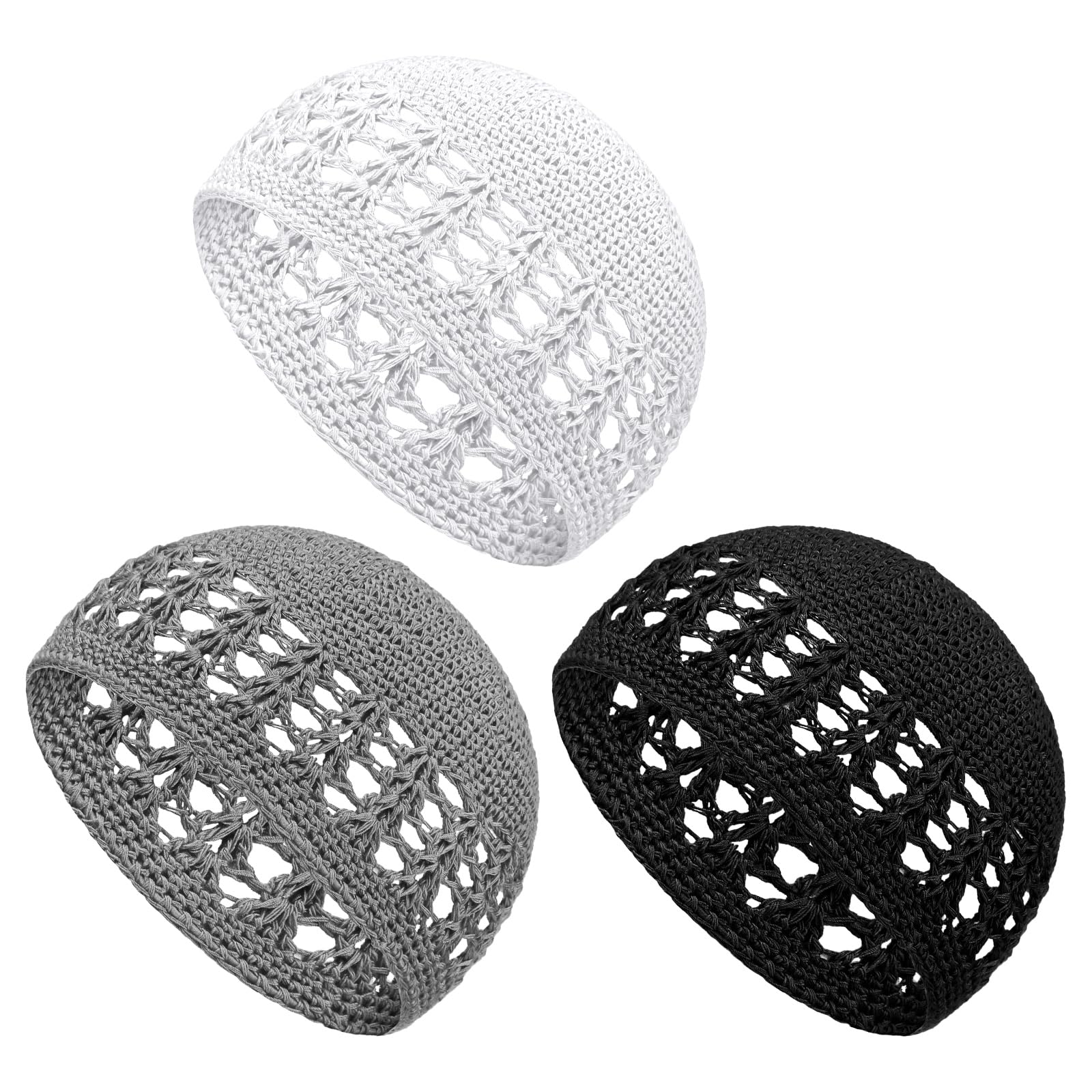 Boyiee Kufi Hat for Men Knit Kufi Cap Crochet Beanie Skull Beanie for Men Women (Black,Gray,White,3 Pieces)