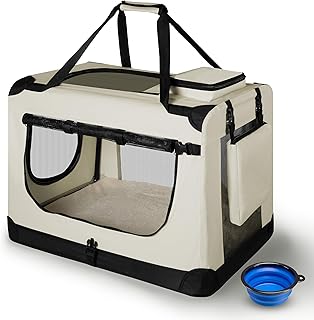 Juskys Lassie Dog Transport Crate, Foldable and Portable, 42 x 60 x 44 cm, with Blanket, Pocket and Handles, for Dogs, Cats and Other Pets, Oxford Fabric, Dog Car Carrier, M, Beige product image