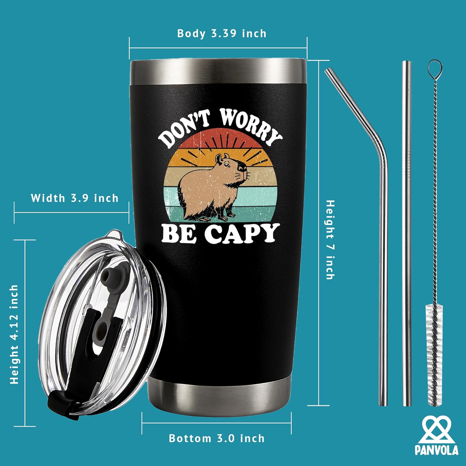 Panvola Don't Worry Be Capy Vacuum Insulated Tumbler Capybara Animal Lover Gifts Pet Owner For Dad Mom Brother Sister Funny Travel Mug with Lid and Straw Stainless Steel 20 oz Black - Image 5