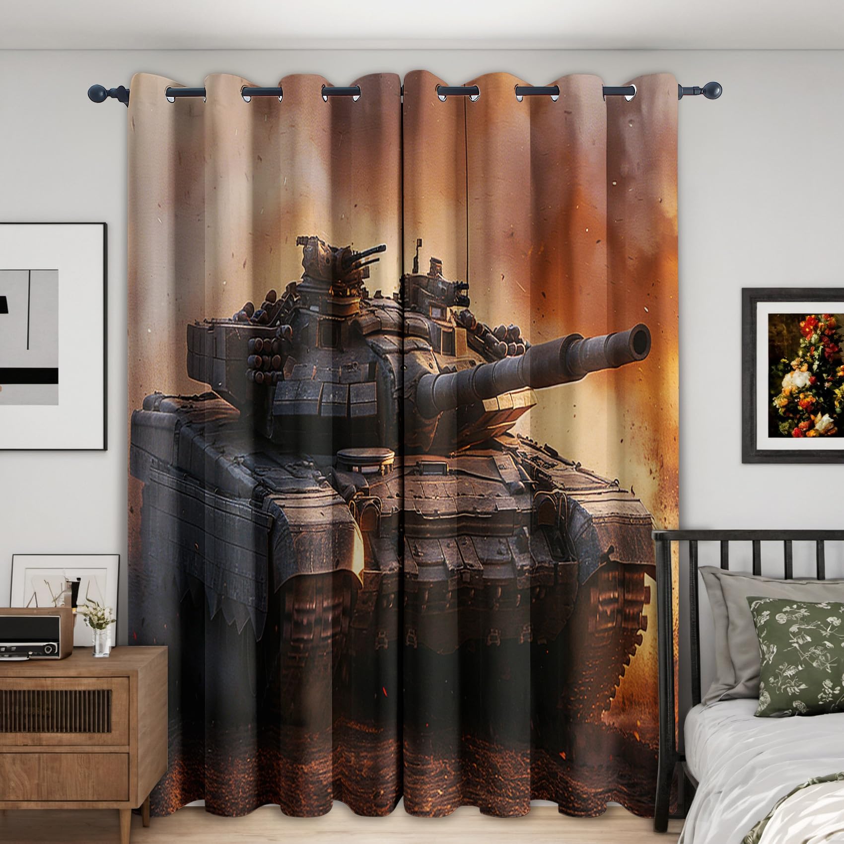 NIYAKA Tank Blackout Curtains for Living Room, Army War Curtains for Bedroom, Thermal Insulated Eyelet Military Themed Window Treatments 72 Drop, 2 Panels Drapes (W46 x L72)