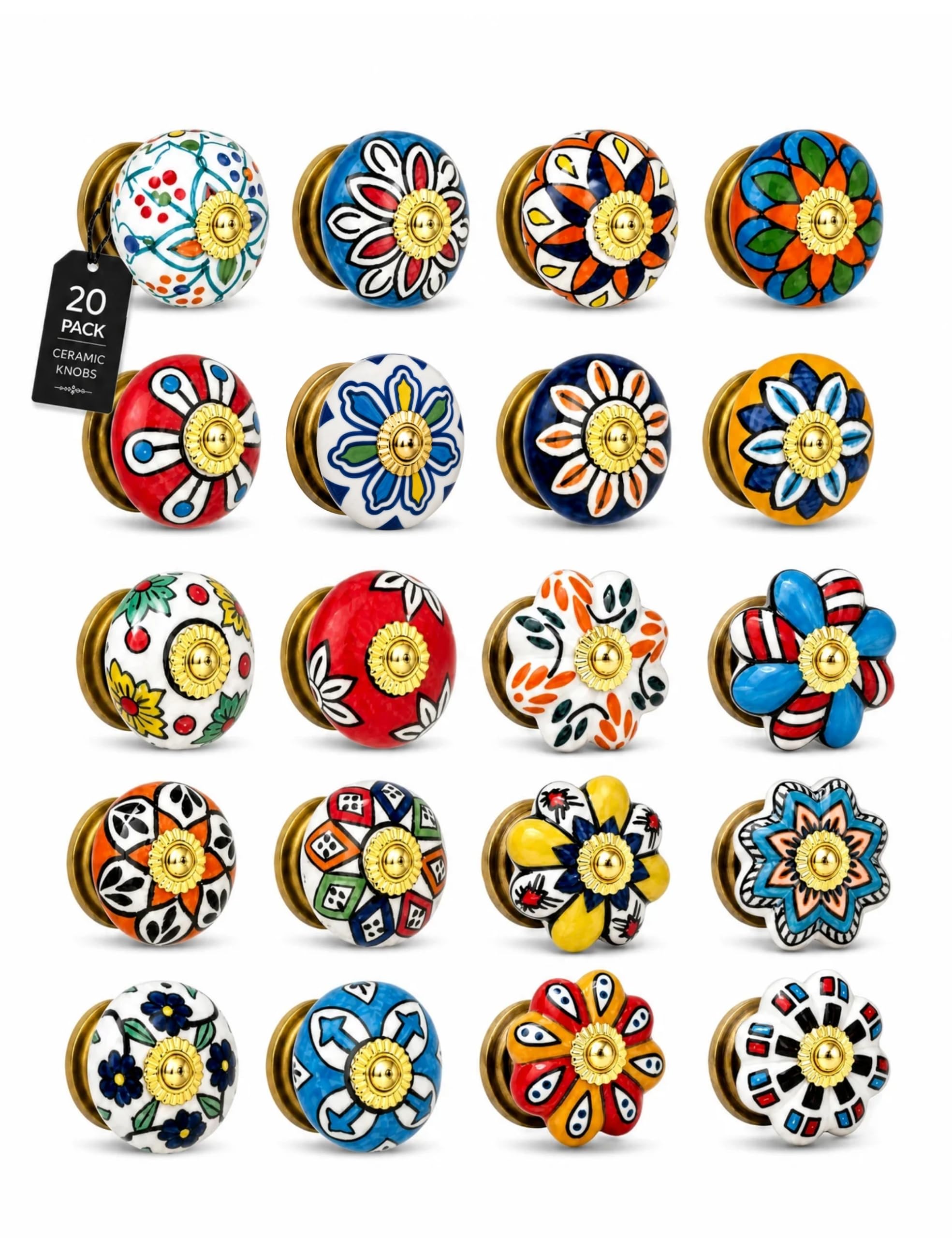 ALWORG Antique Ceramic Knobs - Multicolor Decorative Drawer Pulls 20 Pack