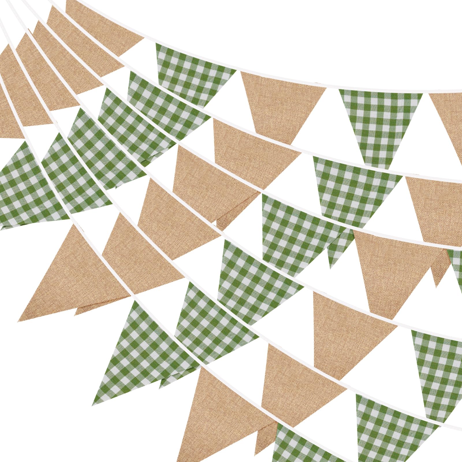 G2PLUS Fabric Gingham Bunting Banner: 10M Green and Brown Reusable Vintage Bunting, 36PCS Cotton and Hessian Outdoor Triangle Flag Garland for Garden Party, Picnic, Rustic Wedding, Outdoor Party