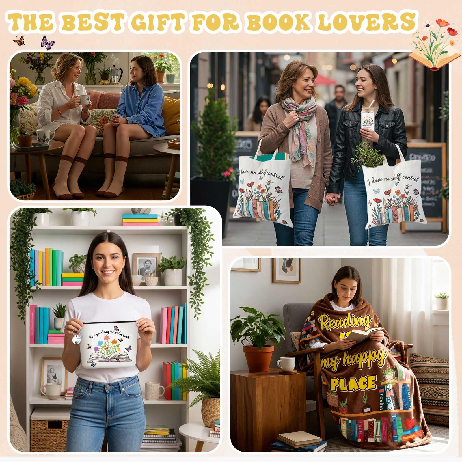 Paterr 6 Pcs Book Lover Gifts for Women, Mother's Day Book Club Gifts for Bookish, Canvas Tote Bag Makeup Bag Print Blanket Socks 16oz Glass Coffee Cup with Straw Cute Keychain for Librarian Birthday
