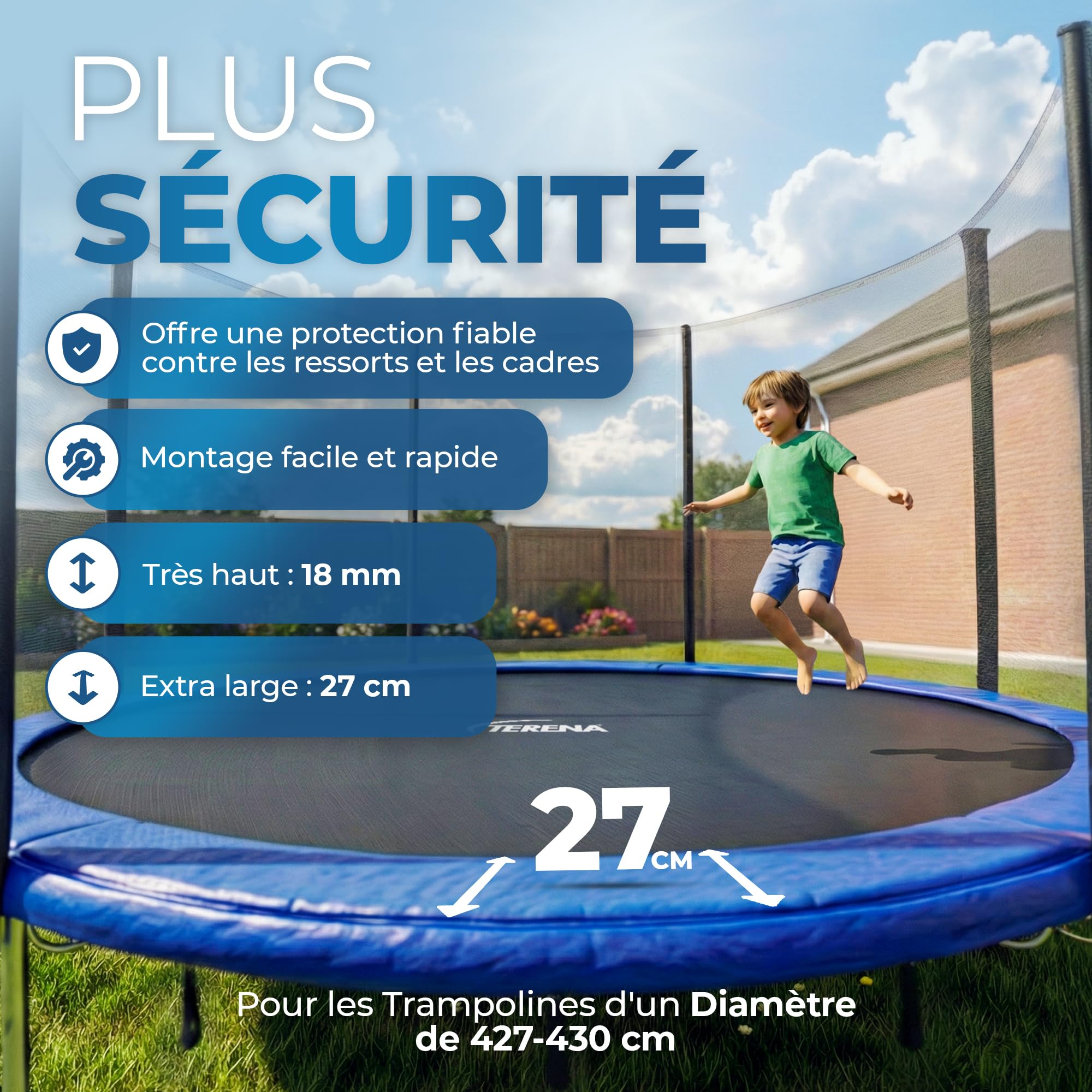 Coussin de Protection Coussin de Ressorts pour Trampoline, en PVC, Anti-UV, Bleu