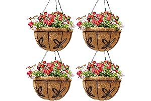 Christmas Hanging Baskets Outdoor: 4 Pack 14" Round Metal Planter with Coco Liners