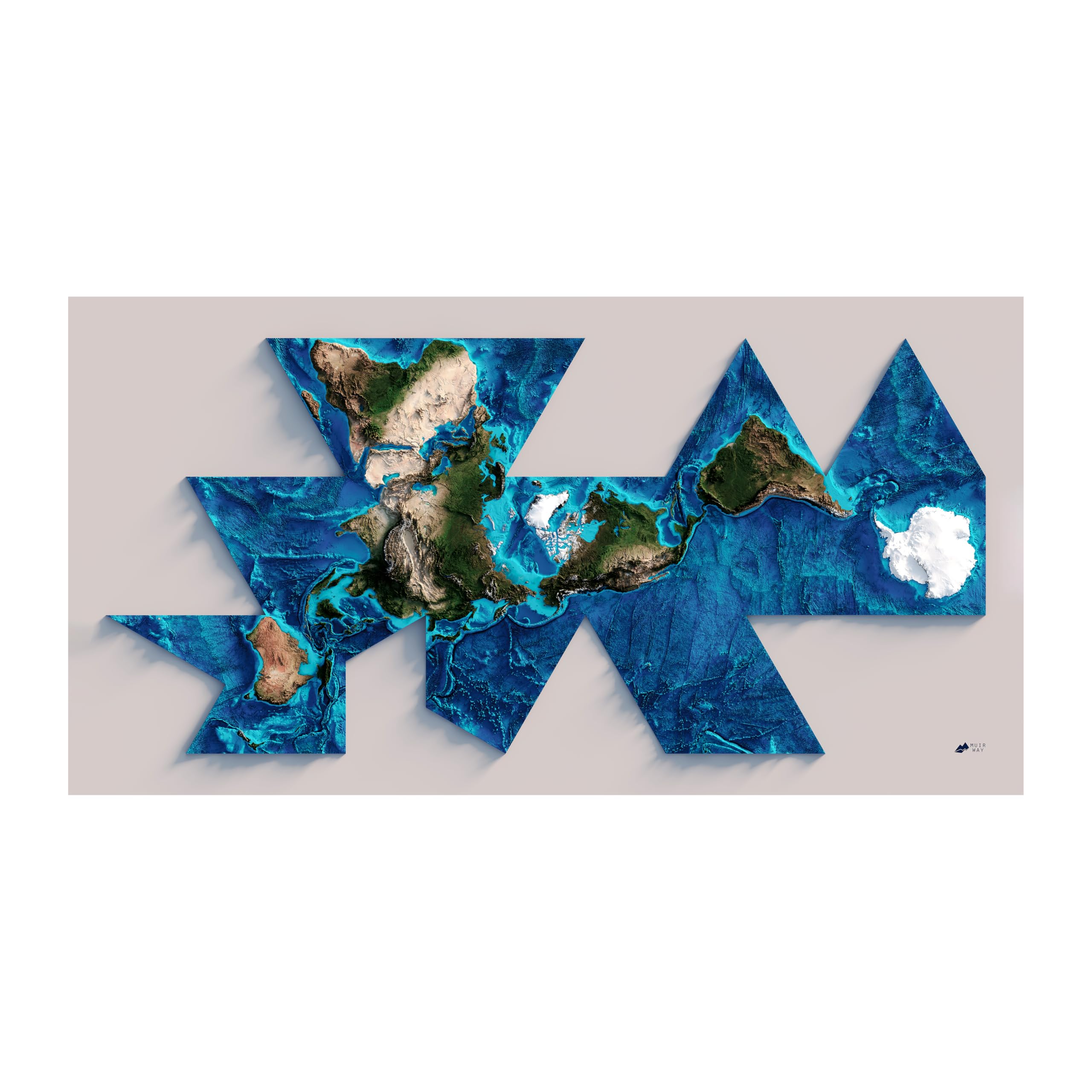 Muir Way - World Dymaxion Shaded Relief Map - Flat 2D Paper Print - Shaded 3D Illusion - Gallery Quality Fine Art Paper & Inks - 100% Cotton & Acid-Free - Made in USA - 46” x 24” 2D Print - No Frame