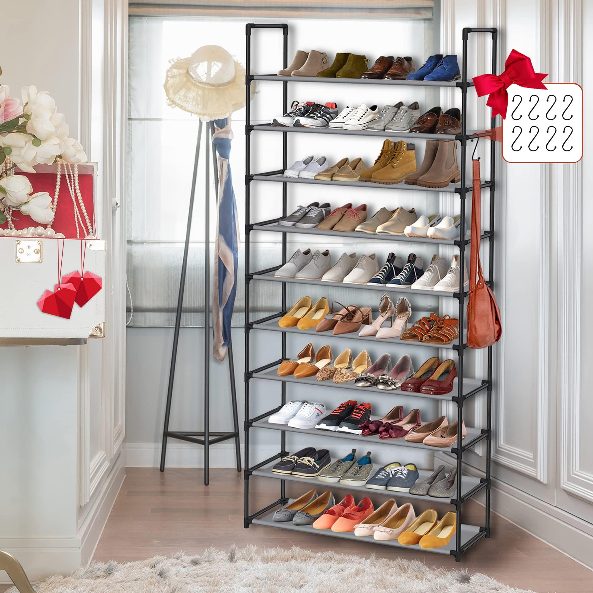 AOSION 10 Tier Shoe Rack,Shoe Rack for Closet 30-50 Pairs Tall Shoe Rack organizer With Hooks Large Shoe Rack with Removable,Space Saving Shoe Shelf,Non-Woven Fabric Shoe Tower,Grey