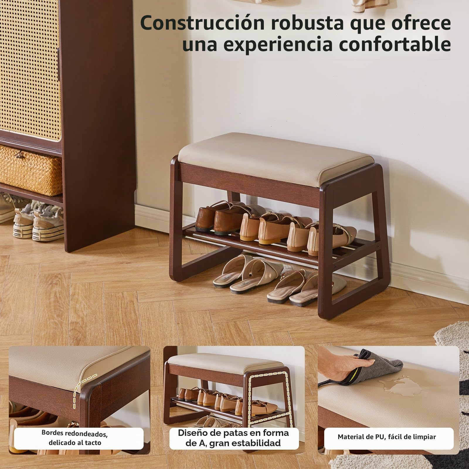 Aibiju Banco Zapatero con Cojín, de Madera Maciza de 2 Niveles y Tapa Abatible, Zapatero de 60 cm para Entrada, Sala, Pasillo y Dormitorio, Color Nogal YD-WD060B