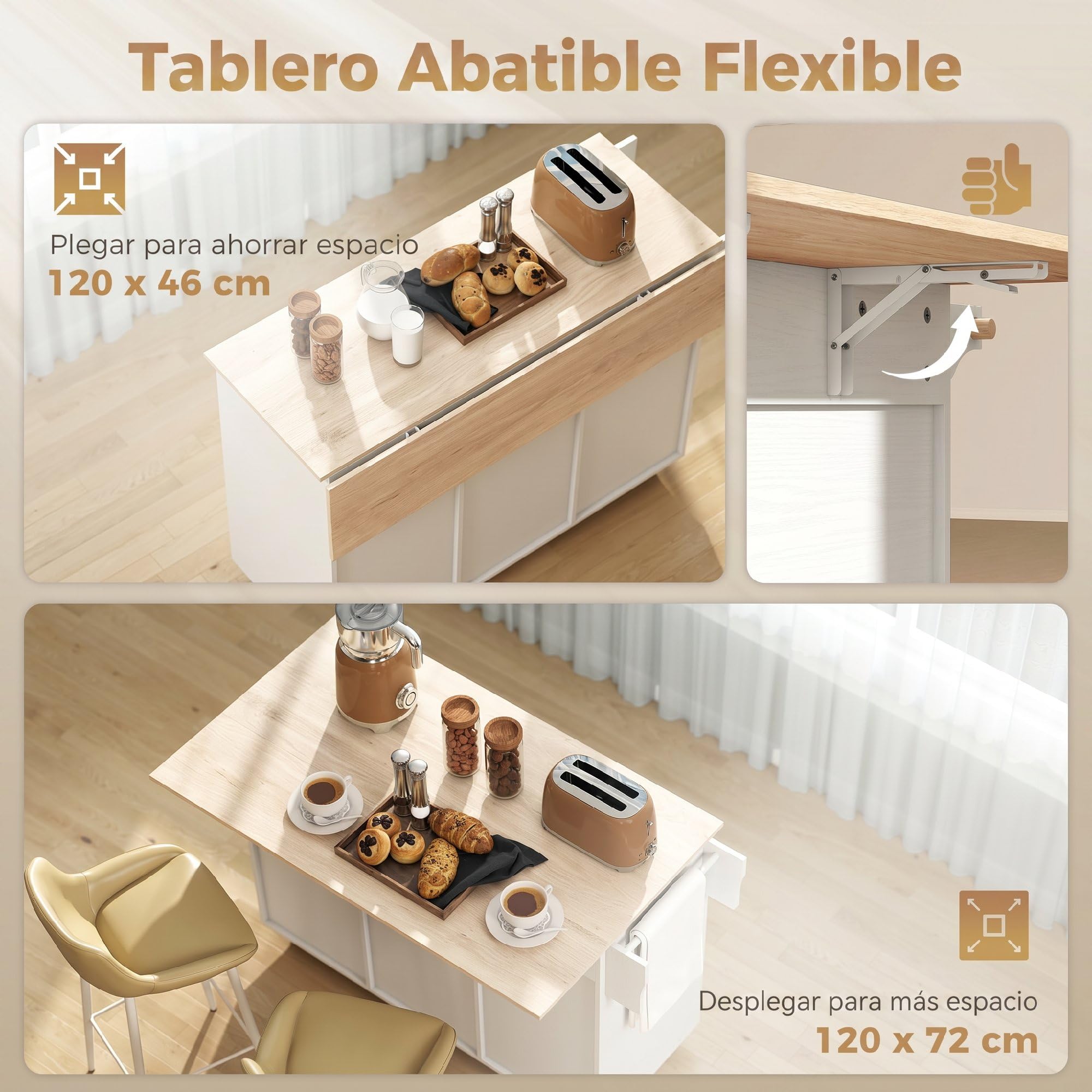 HOMCOM Isla de Cocina con Encimera Extensible, para Comedor, Blanco | Carro de Cocina con Ruedas, 2 Cajones, 3 Armarios, Estantes en la Puerta, Toallero, Estantes Ajustables