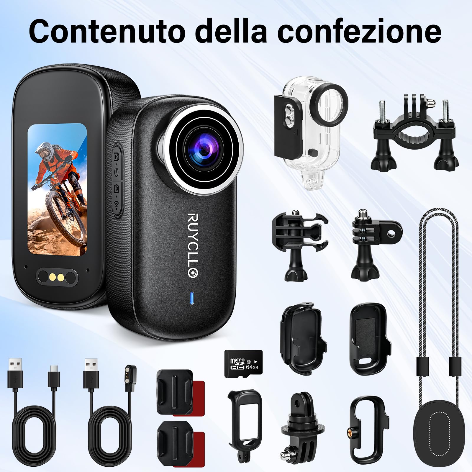 4K Mini Action Cam 20 MP Body Cam - Scheda 64GB | Mini Camera con Stabilizzazione EIS a 6 Assi, HDR, Grandangolo 145°, WiFi APP, Telecamera Magnetica per Moto, Casco, Vlog
