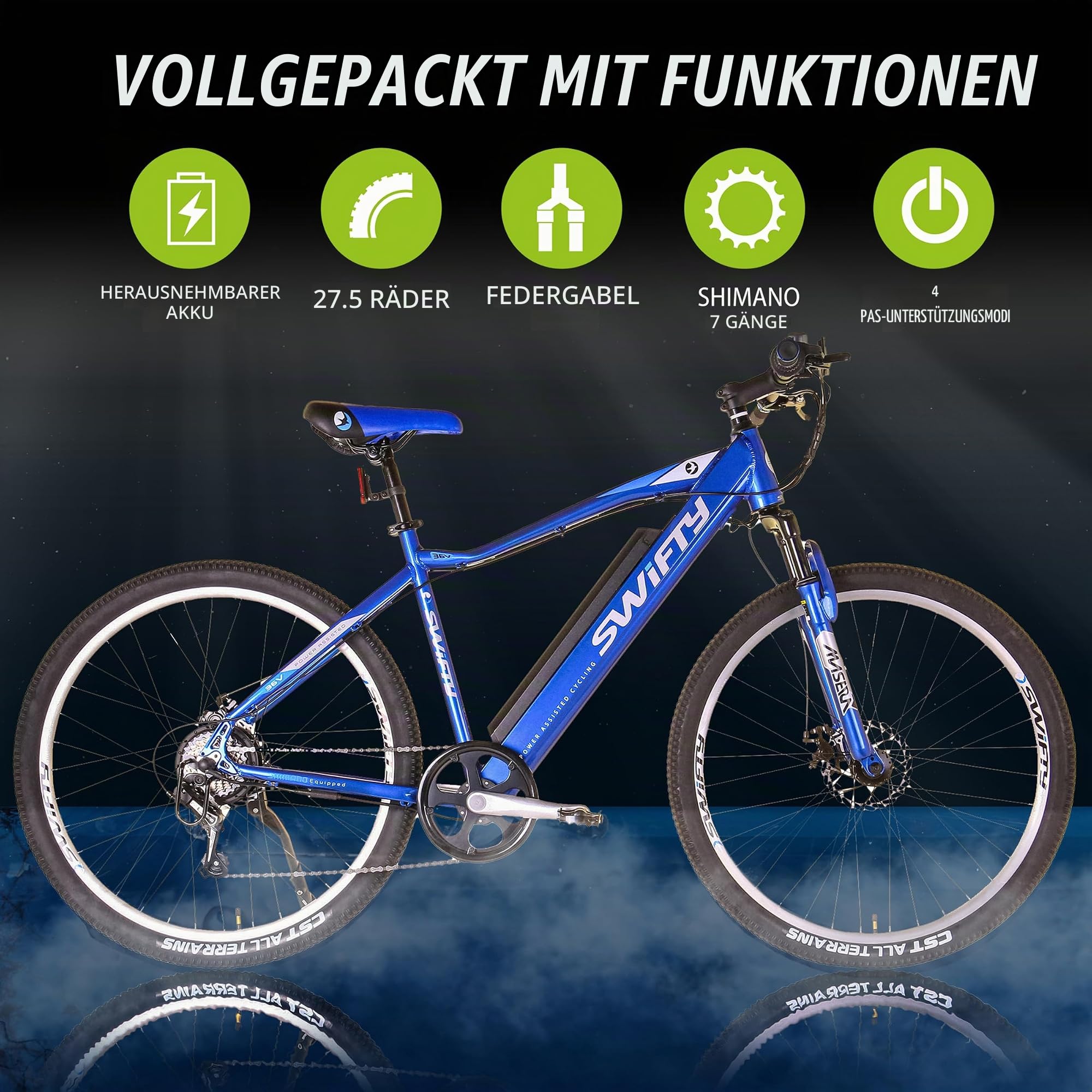 Swifty All Terrain Electric Bike - 7 Speed Shimano Gears - Up to 30 Kilometres on One Charge