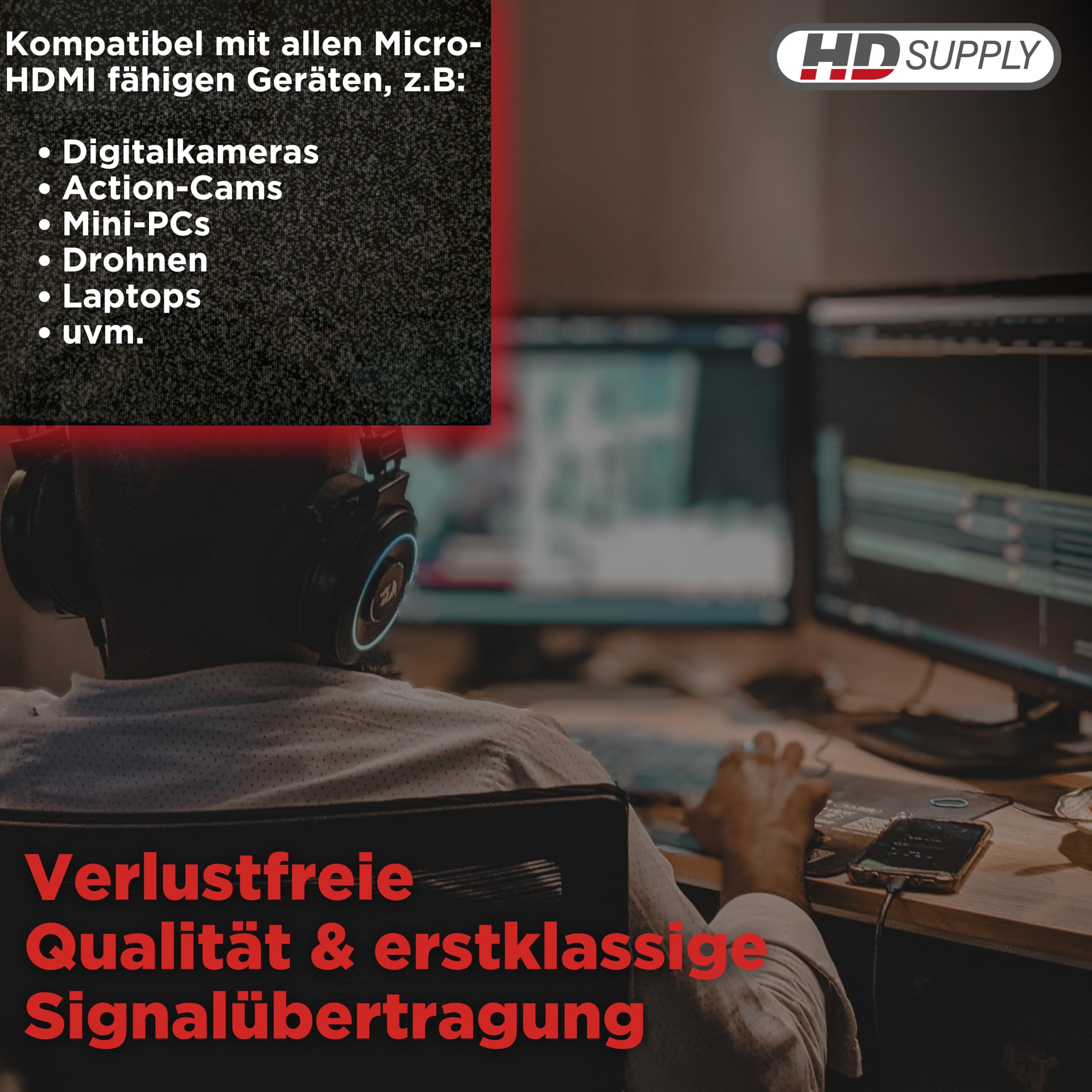 HDSupply High Speed Micro HDMI kabel z Ethernet 5,00 m | HDMI-A na HDMI-D, Full HD 1080p, 2-krotnie ekranowany, pozłacane styki do komponentów AV