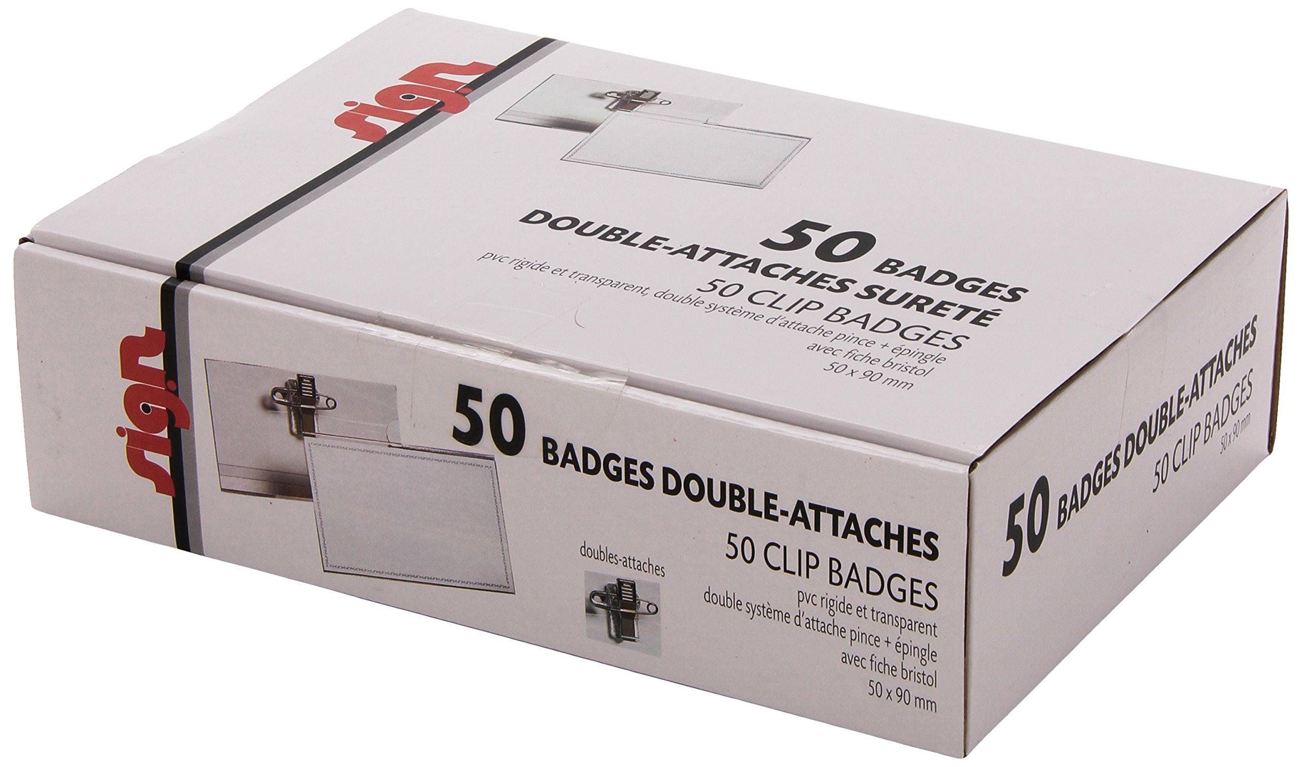 Sign Diffusion Boîte de 50 badges 57 x 91 mm pince + épingle et bristol