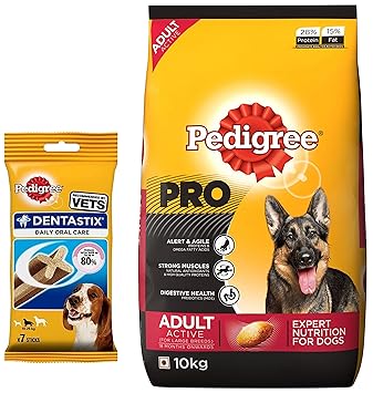 Pedigree Dentastix Medium Breed (10-25 kg) Oral Care Dog Treat, 180g Weekly Pack & PRO Expert Nutrition Active Adult Large Breed Dog (18 Months Onwards) Dry Dog Food, Chicken, 10kg Pack