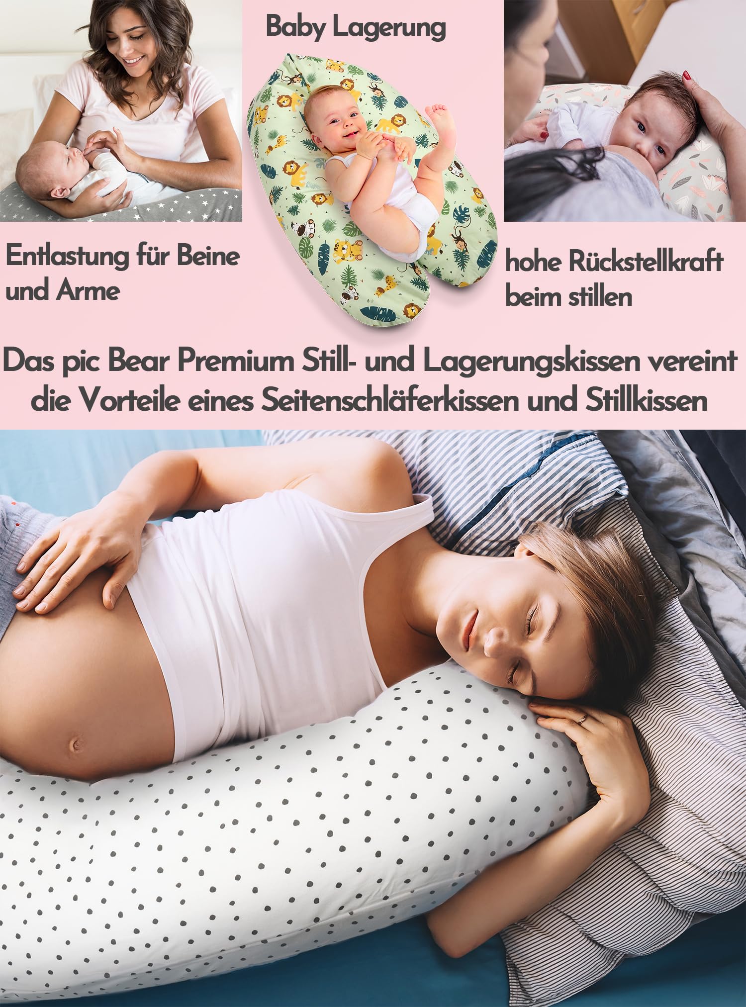 pic Bear Poduszka do karmienia Premium – wysokiej jakości poduszka ciążowa – przyjemna w dotyku poduszka do leżenia z bawełny – poduszka do spania na boku – 194 cm Premium – Ice Stars