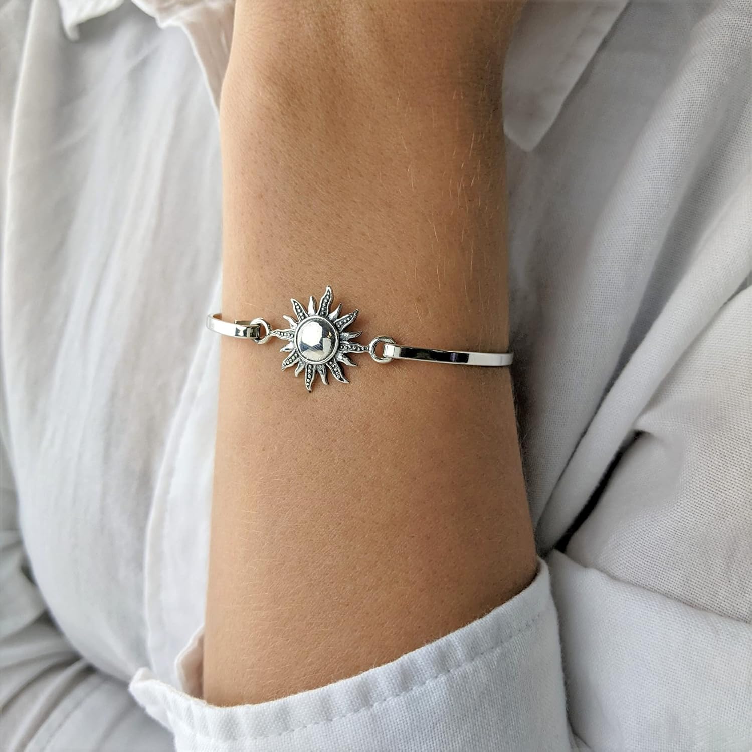Silverly 925 Sterling Silver Blazing Sun Bangle - Solid Silver Sunburst Charm on Thin Flat Stacking Bangle - Celestial Boho Jewelry - Symbolic Bracelets for Women - Unique Friendship Bracelets