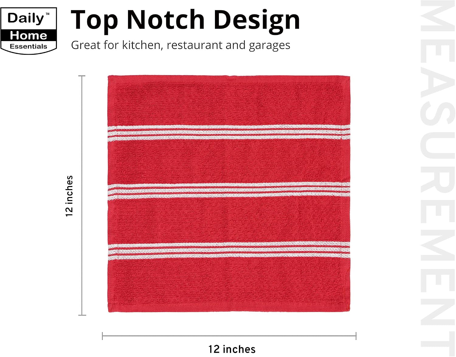 DAILY HOME ESSENTIALS - 8 Pack Cotton Terry Dish Cloth Set (12 x 12 inch - Red, Ribbed Design) | Quick Dry Kitchen Rag | Absorbent Cafe, Bar & Restaurant Cleaning WashCloth.