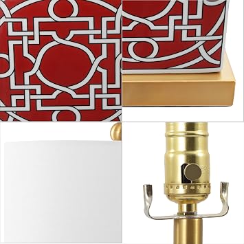 JONATHAN Y 22 Red/White Modern Ceramic Ginger Jar Table Lamp for Nightstand, Square Lattice Transitional Chinoiserie Lamp for Living Room, White Linen Shade, LED Bulb (JYL3044B)