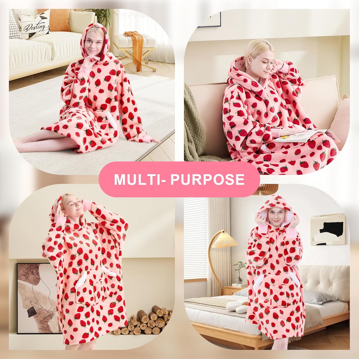 Wearable Blanket Hoodie for Adult Women, Oversized Sherpa Fleece Hooded Sweatshirt, Cozy Blanket Hoodie with Sleeves for Winter Gift (Pink Strawberry) - Image 4