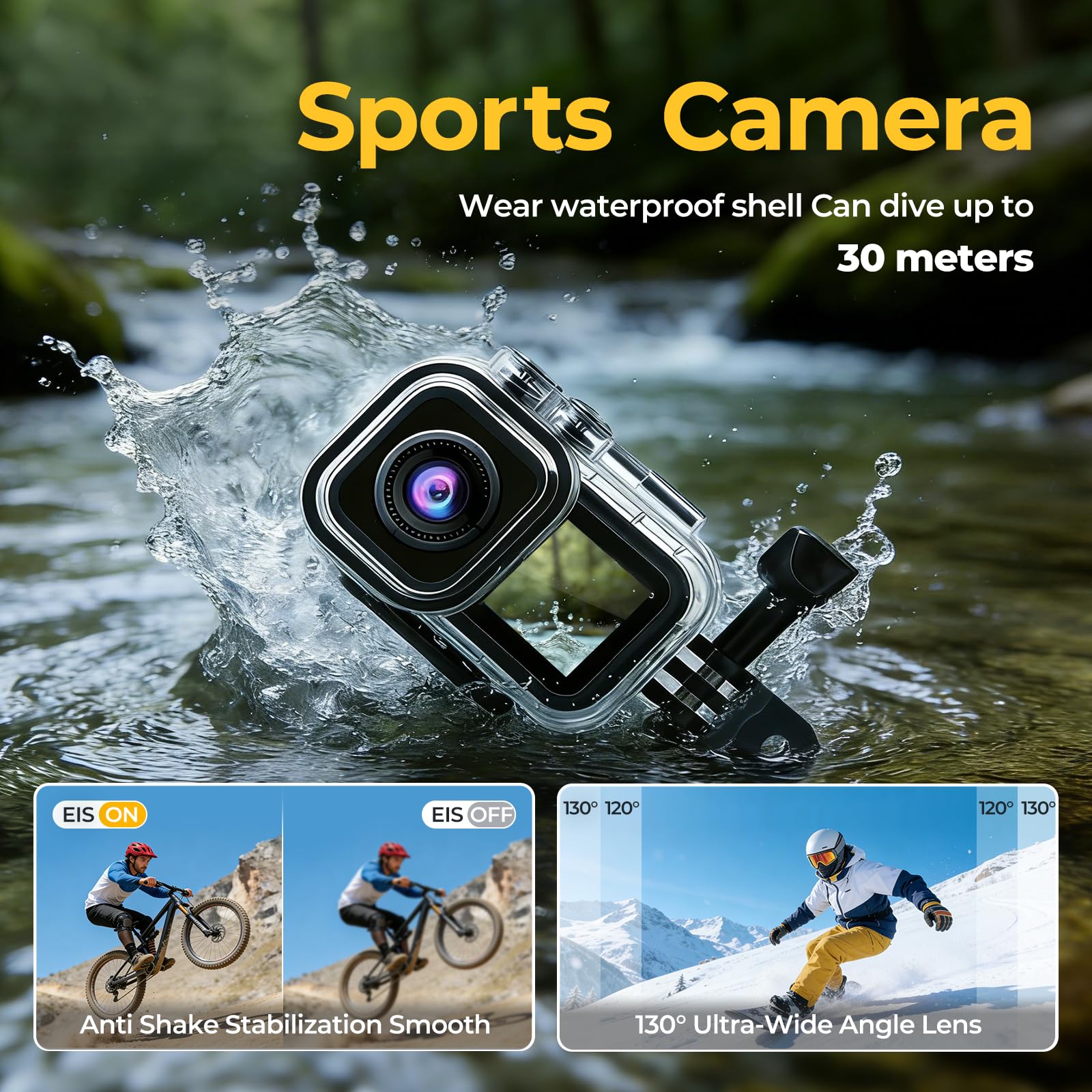 AIKER Action Cam 4K/5K WiFi NEU Upgraded, Bodycam mit 30M wasserdichte/EIS/180 Min Akkulaufzeit/Dual-Screen-Display/Helmkamera 150° Action Kamera für Fahrrad, Schnorcheln, Motorrad,Wandern & Vloggen
