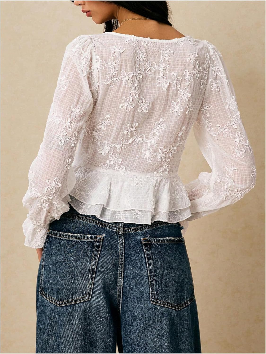 SOLY HUX Women's Deep V Neck Blouse Floral Embroidery Tie Front Long Sleeve Peplum Ruffle Hem Shirt Fall Tops - Image 2