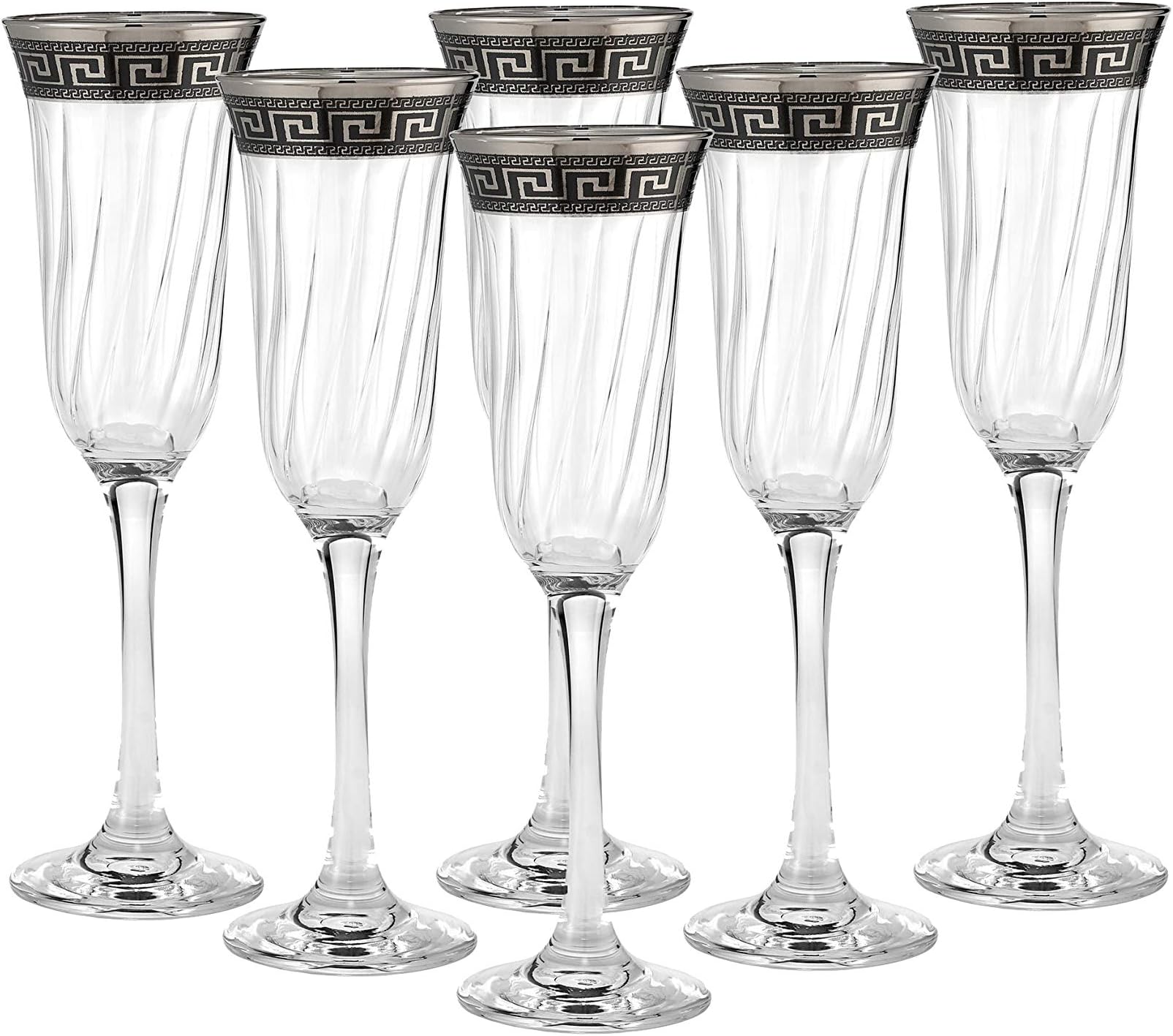 "Cristalleria Italian Decor" Crystal Champagne Flute, 7 oz. Silver Platinum Greek Key Ornament, Hand Made in Italy, SET OF 6 Glasses