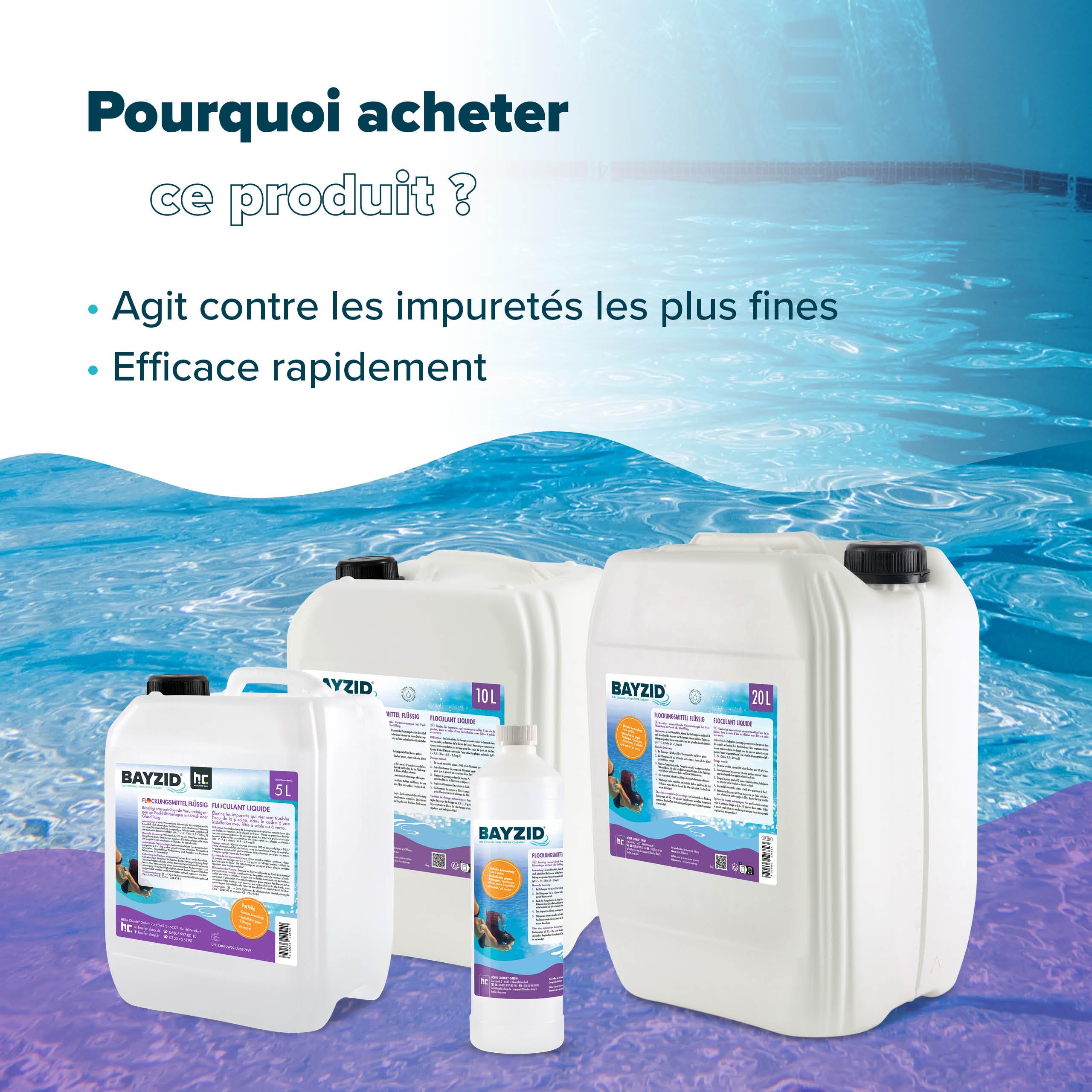 Höfer Chemie BAYZID® 2 x 10 L Floculant Liquide pour Piscine - Clarifiant Ultra - Efficace pour Eau Limpide, Compatible Filtres à Sable, Fabriqué en Allemagne