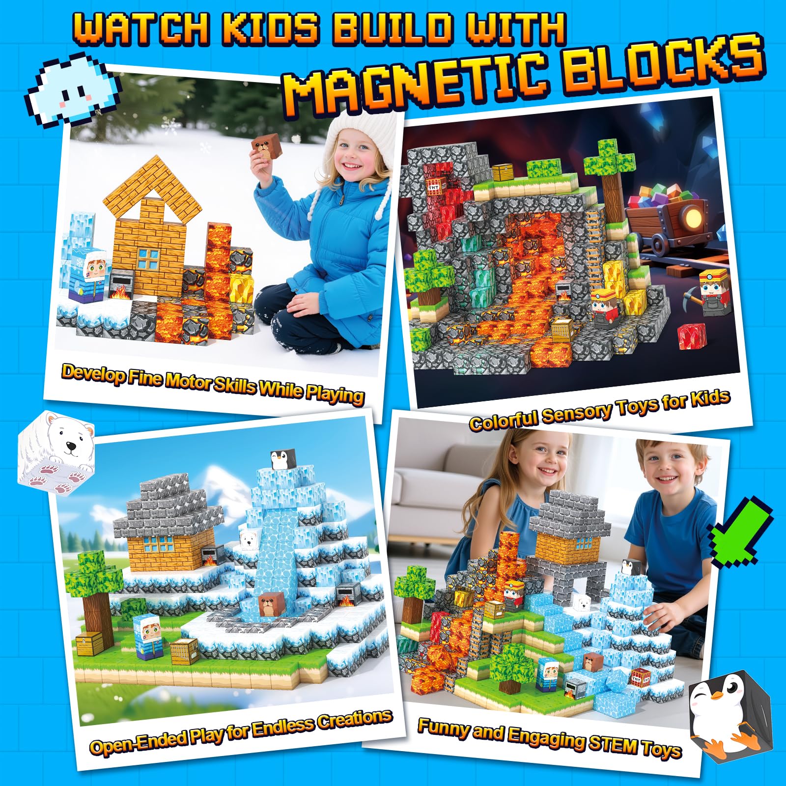 Magnetic Blocks - 200PCS Magnetic Building Blocks Sensory Toys for Kids Ages 3-5 4-8 5-7 8-12, Mine Magnet World Craft Cubes for Kids, STEM Toys Birthday Game Gifts for 3+ Years Old Boys and Girls