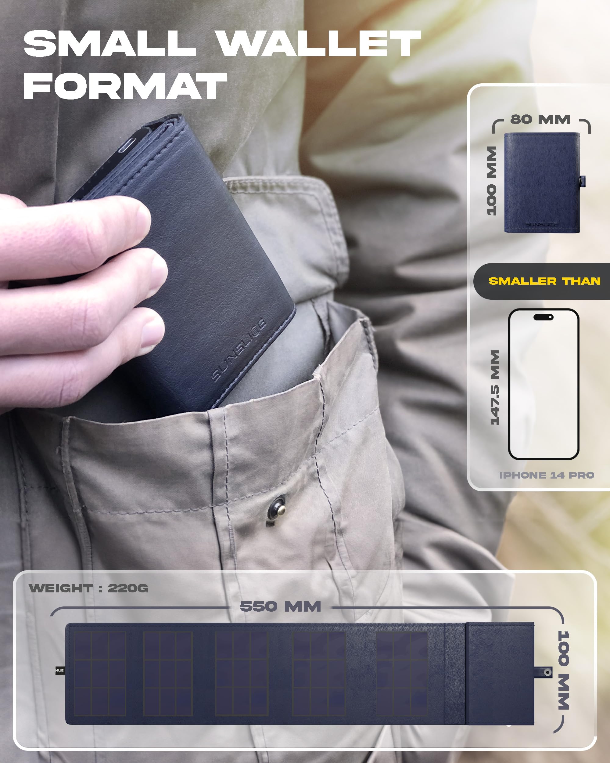 Sunslice I Photon Power Bank Solare con Tecnologia SunPower, Caricabatterie da Tasca per Telefono, Ideale per Campeggio e Escursioni, Compatibile con Tutte le Marche di Smartphone, Blue