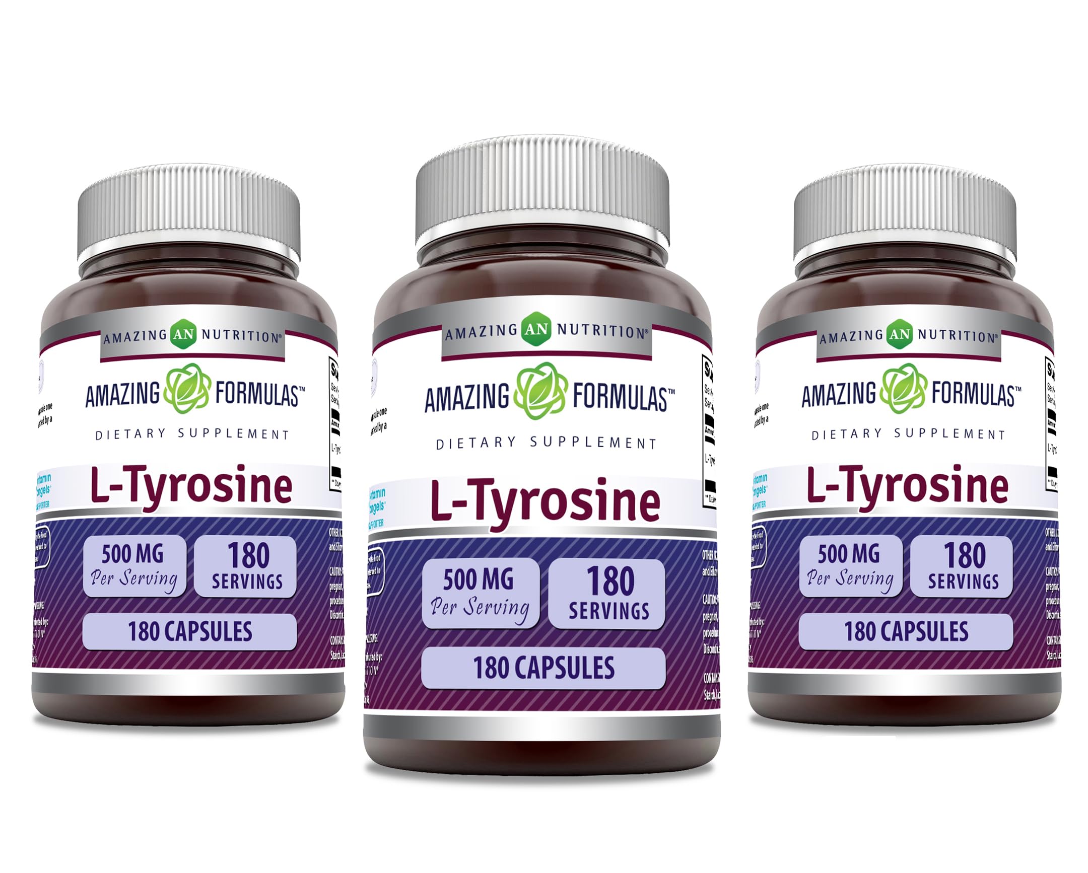 Amazing Formulas L-Tyrosine 500 mg Capsules | Amino Acid Supplement | Non-GMO | Gluten Free | Made in USA (3 Pack | 180 Count) Unflavored | 3 Pack | 180 Count