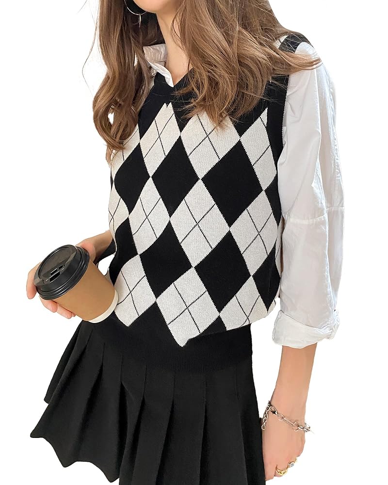 2025 Spring Womens Sweater Vest Oversized Argyle Plaid