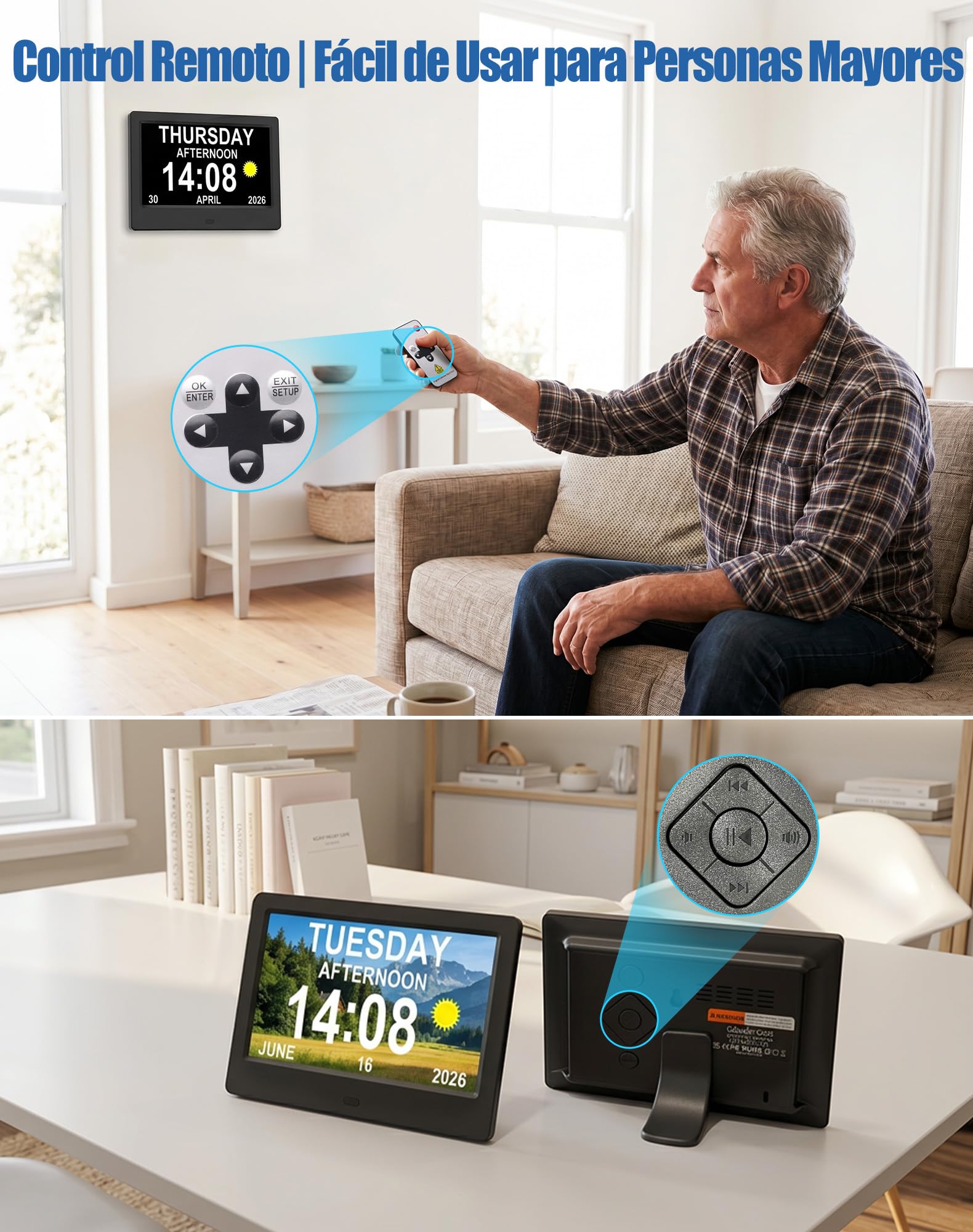 jely Reloj Digital para Personas Mayores 7'' Calendario Digital para Alzheimer y Pérdida de Memoria, 20 Recordatorios, 24 Alarmas, Marco de Fotos Digital, Control Remoto, Reloj de Pared y Mesa - Negro