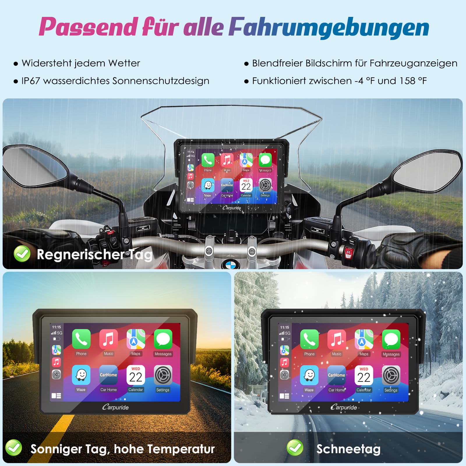 Carpuride W502B Écran Carplay pour BMW Moto R1200GS R1250GS S1000XR, écran Tactile étanche de 5 Pouces, Navigation GPS Portable Carplay/Android Auto pour Motos, Double Bluetooth