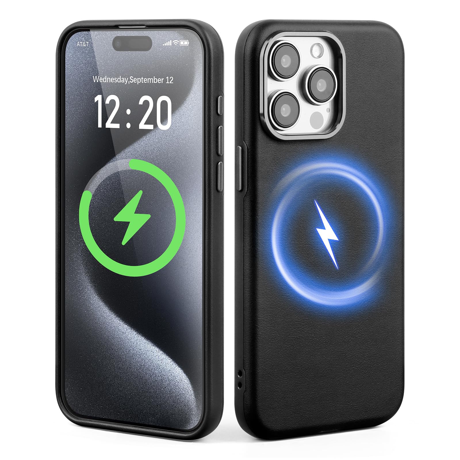 SkyEagle for iPhone 15 Pro Max Phone Case,Compatible with Magsafe and Wireless Charging,Metal Camera Bezel,Slim Non,Slip Luxury PU Leather Protective Cover Suitable Apple 15Pro Max,Black