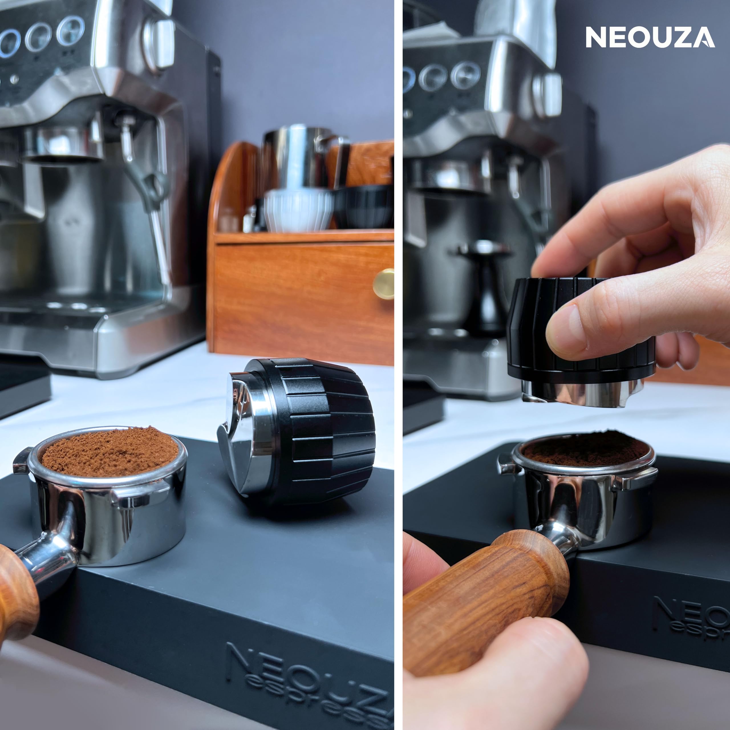 NEOUZA lejek do kawy - grawitacyjny, samoadaptacyjny do portafiltra espresso, poziomnik z podstawą w kształcie 3-listkowego koniczyny (58mm)