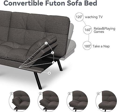 Miniatura 21 de Vyfipt Sofá cama tipo futón, sofá pequeño de espuma viscoelástica de piel sintética para sala de estar, sofá biplaza moderno con reposabrazos Negro