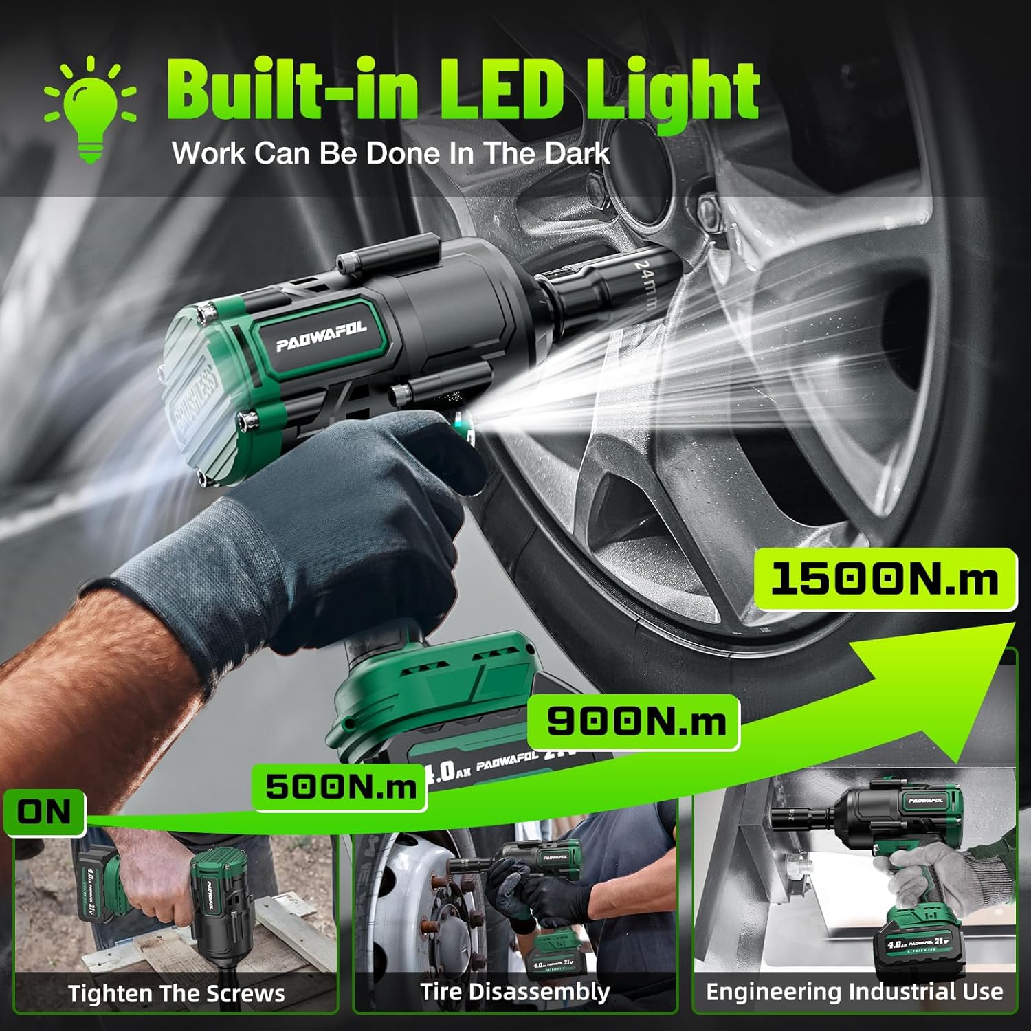 2026 New Upgrade 1500N.m(1106ft-lbs) Impact Wrench, High Torque 1/2 Impact Gun with 21V 2x4.0AH Battery, Fast Charger & 5 Sockets, 3500IPM Brushless Impact Driver for Home Car Truck Tires - Image 4