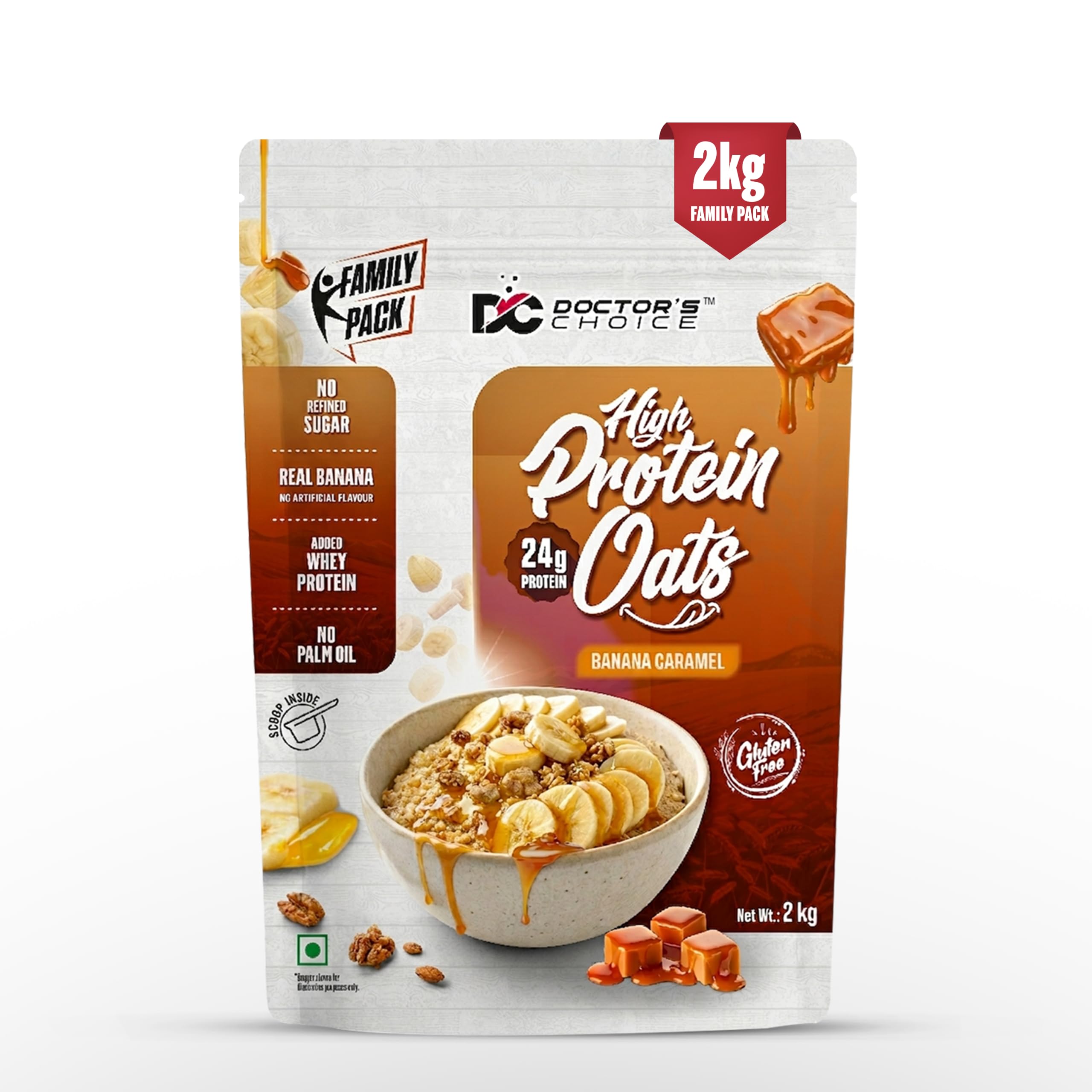 DC DOCTORS CHOICE High Protein Oats Banana Caramel Flavor 2kg| 24g Protein | Made with Real Bananas | No Refined Sugar | Healthy Instant Oatmeal Breakfast | High Fiber Oats Box