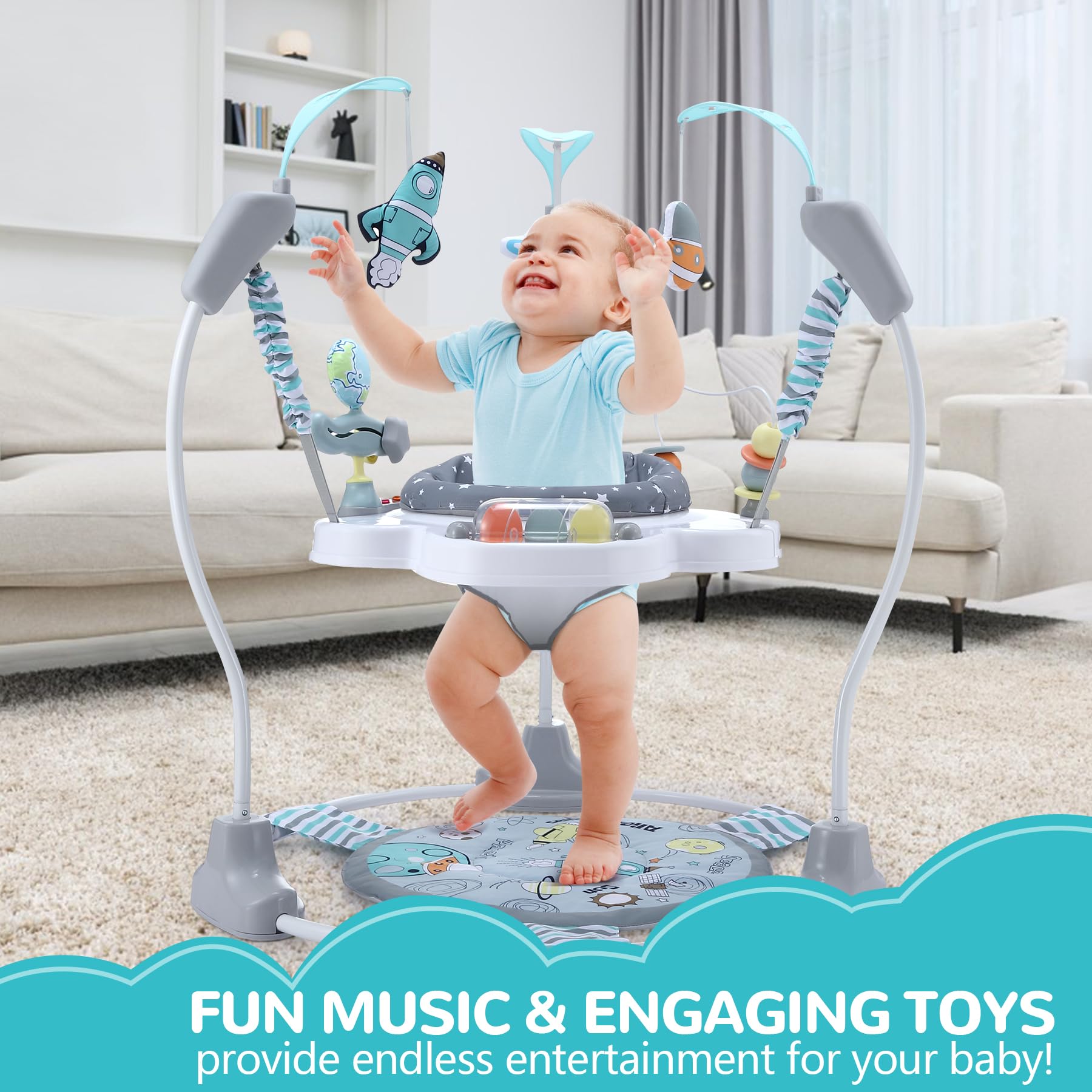 LADIDA Stationary Jumper Jumperoo Aktivitätszentrum für Babys mit interaktivem Spielzeug, 360° drehbarer Sitz, Musikspielzeug und Höhenverstellbar (Space Tour Grey)