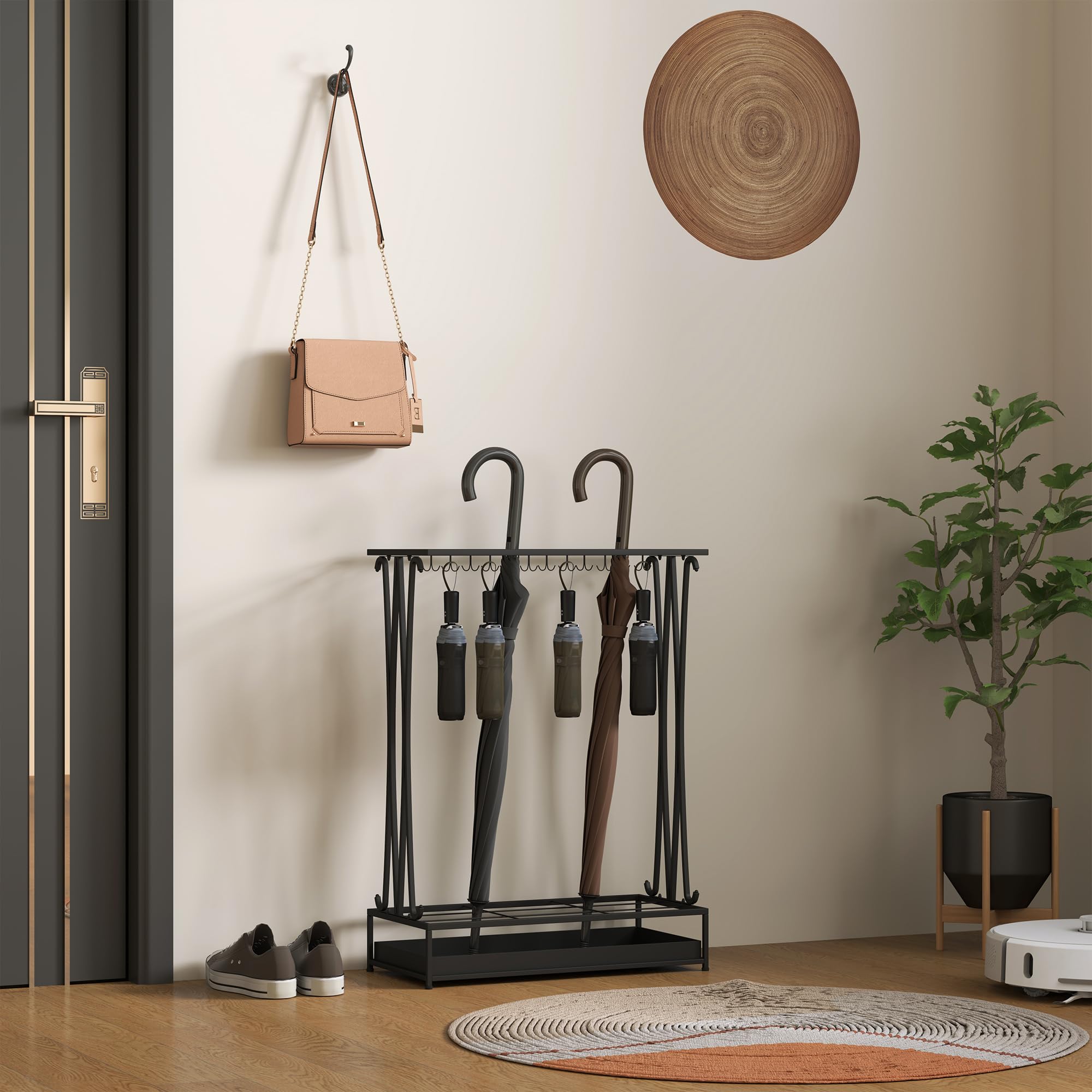 HOMCOM Paragüero Moderno Rectangular Soporte Paraguas Acero 24 Ganchos 21 Espacios Bandeja Recogegotas Extraíble 50x24x68 cm Negro