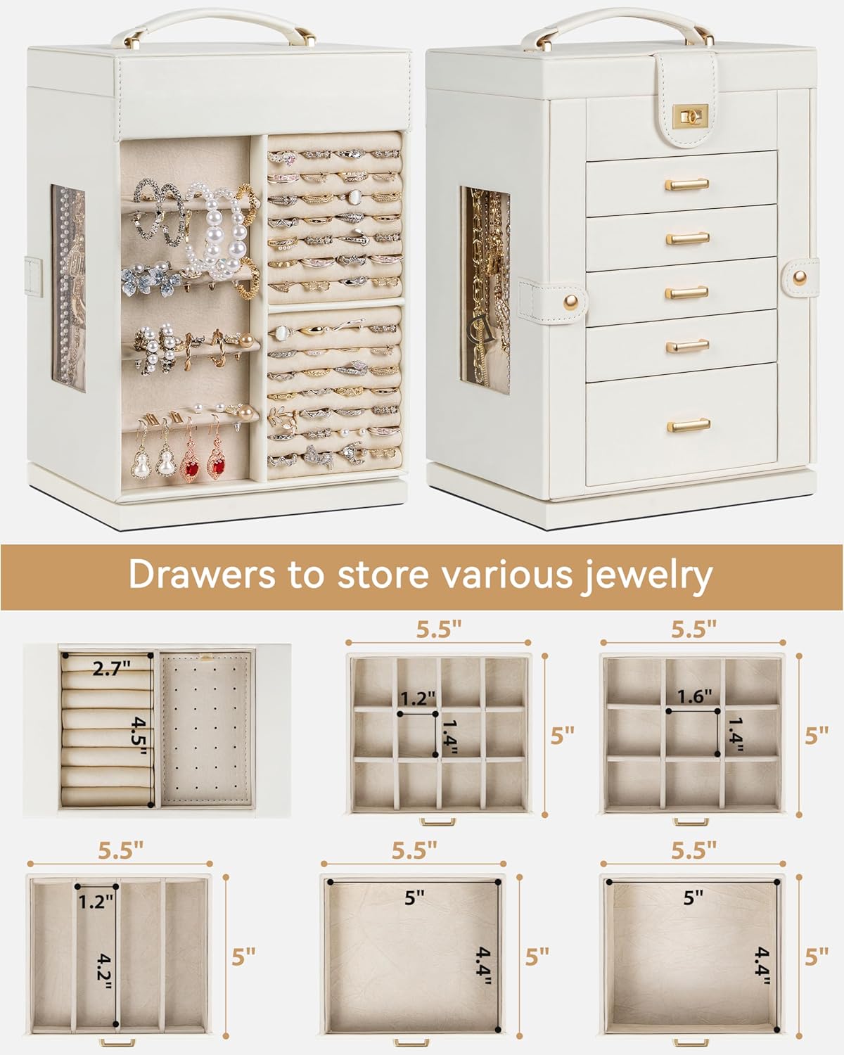 akozlin 6-tier jewelry box organizer functional 5 drawers leather jewelry storage case for women girls ring necklace earring bracelet holder organizer with mirror white 360° rotating white s-medium