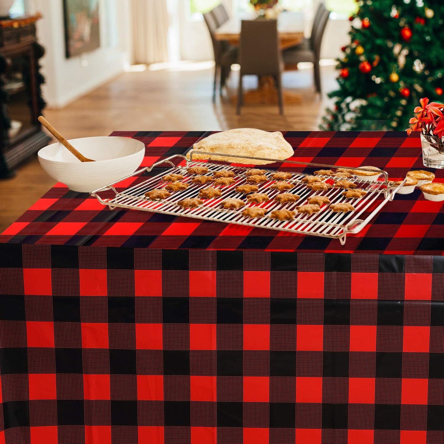 🔥 Crazy Deals 3 Pieces Table Cover Plastic Rectangle Buffalo Plaid Picnic Tablecloth Holiday Cottage Decorations for Kitchen Dining Party Favors Supplies, 51 x 71 Inch (Red and Black)
