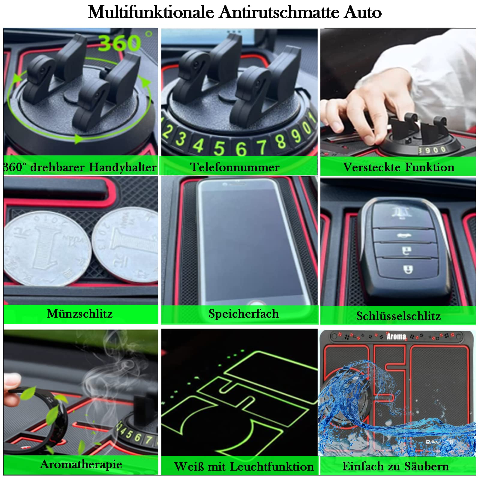 Tapis Antidérapant Pour Tableau De Bord Voiture 4 En 1 - Support Téléphone Rotatif + Diffuseur D'odeur - 25x19 Cm